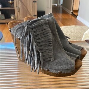 Sbicca Gray Fringe Wedge Sandals